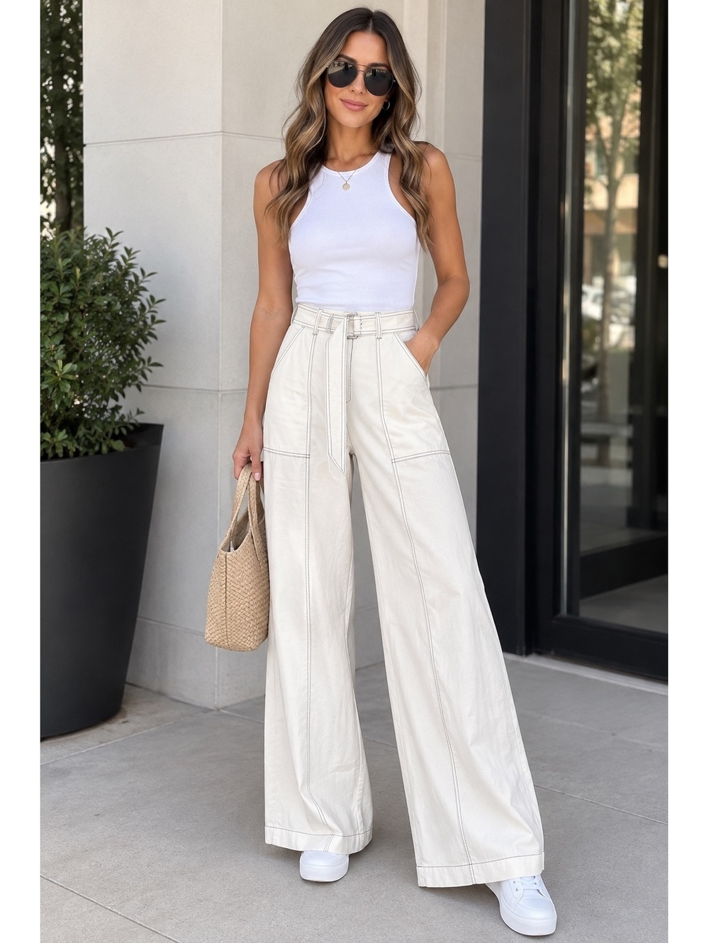 BCBGMAXAZRIA White Tencel Linen Wide Leg Pants Size S